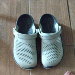 CROCS Two-Tone Beige and Black Perforated Clog Mules